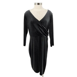 Ann Taylor Faux Wrap Dress Black Velvet Long Sleeve V Neck Sheath